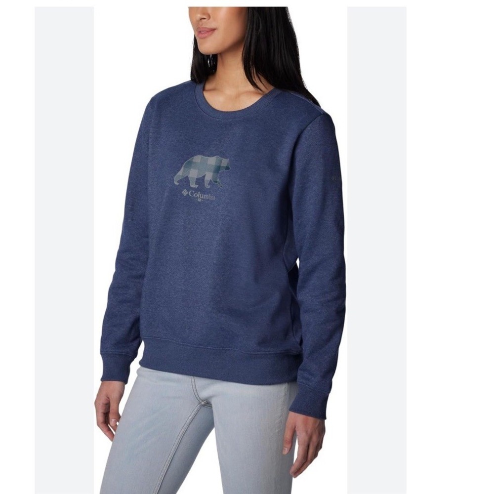 Columbia Sweatshirt Women XS Blue Plaid Bear Graphic Hart Mountain Crew Pullover
